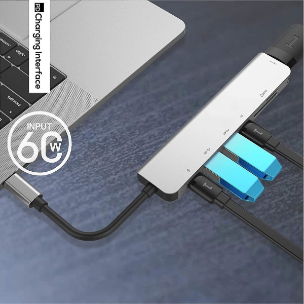 Usb C -keskitinsovitin MacBook Airille, MacBook Prolle, jossa 4k 60hz Hdmi, 87w virransyöttö, 2 Usb-porttia ja Sd/tf-kortinlukija