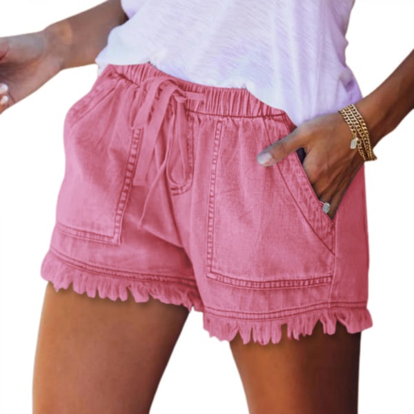 AVEKI Jeansshorts för kvinnor för casual sommar Mid midja Frayed Stretchy Ripped --- Rose Red （Storlek XL）