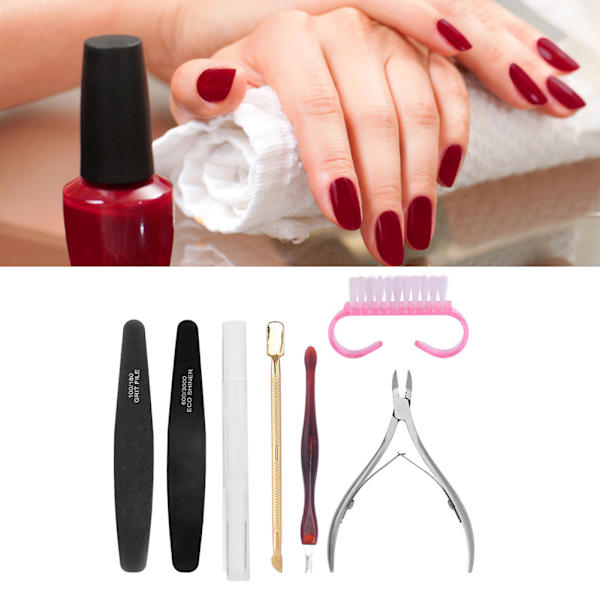 Nageltrimningsverktyg Set Död Hud Sax Gaffel Stål Pusher Nagel Fil Dammborste Kit 7st