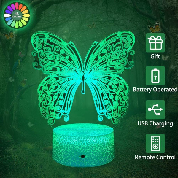 Fjärilslampa Butterfly Night Light för barn med fjärrkontroll 7 färger + 16 färger Föränderlig inredning för barnrum 3D optisk illusion Barnlampa som gåva