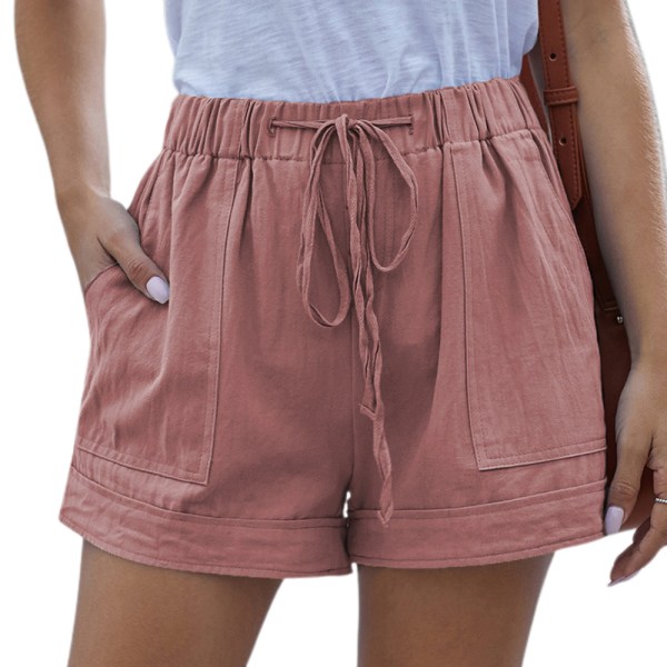 Bekväma kvinnor med dragsko Casual shorts med elastisk midja, S-2XL (rosa)