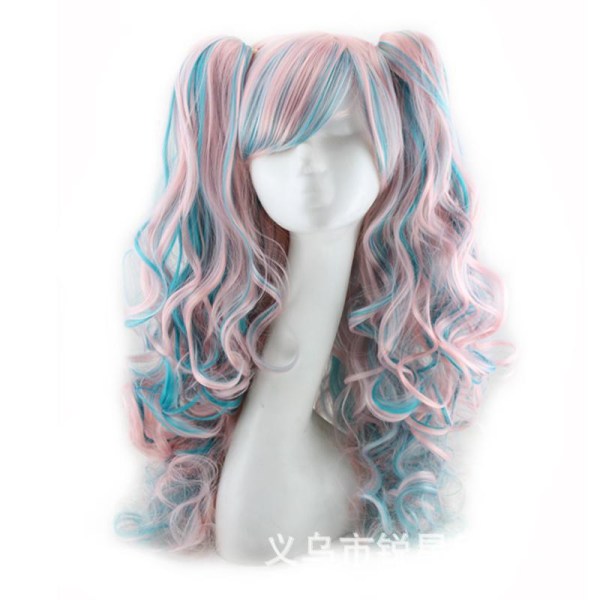 Wekity Multicolor Lolita Long Curls Ponytail Cosplay Peruk, rosa+blå