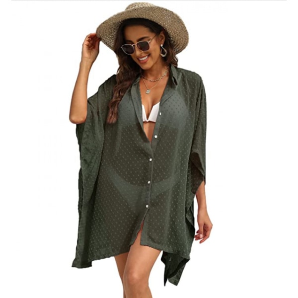 Women's Swimwear Cover Up Button Chiffon Swimwear Beach Cover Up --- Green（Size 2XL）