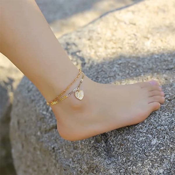Layered Anklet 26 Letter Double Peach Heart Pendant Anklet Summer Anklet ---U