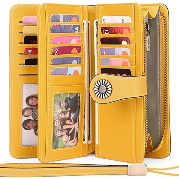 Plånböcker för kvinnor Kreditkortshållare i läder med RFID-blockerande armband med stor kapacitet, 3-gul