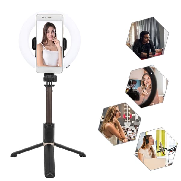 Trådløs Bluetooth Selfie Ring Fylllys Mini Utvidbar Selfie Stick Stativ Svart