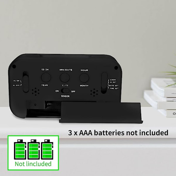 Inomhustemperatur Digital väckarklocka, batteridriven, 12/24h display, lämplig för sovrum, badrum, skrivbord, smart klocka - Svart