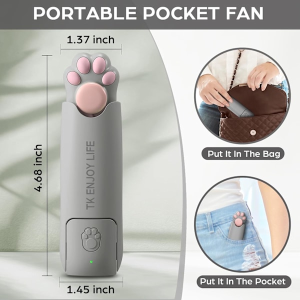 Handhållen Minifläkt, 2000 mAh USB Uppladdningsbar Vikbar Fläkt, 3 i 1 Bärbar Fickfläkt med Powerbank, Ficklampa för Sommar, Resor Grey
