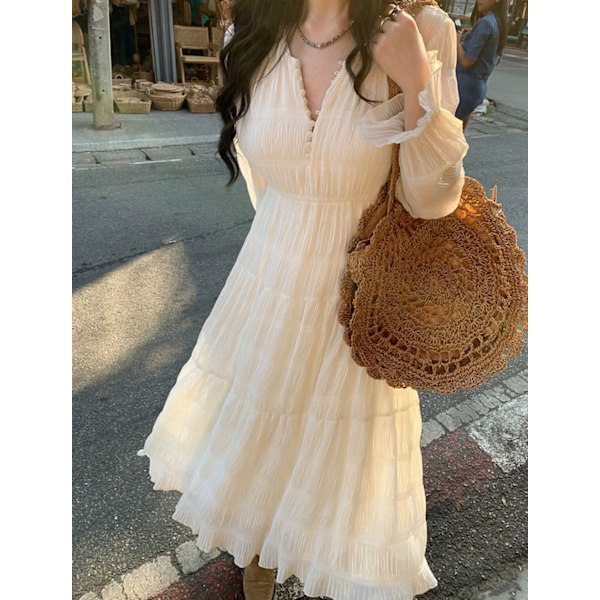 Womens V-hals Langærmet A-Linje Ruffle Lagdelt Casual Lang Maxi Kjole (Hvid S)