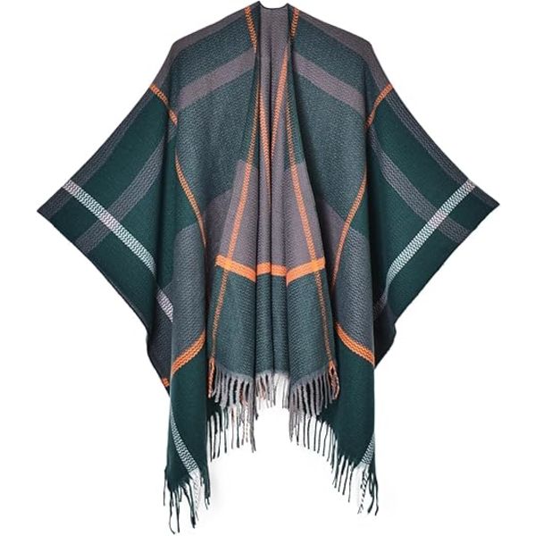 Damkoftor med öppen front, sjal, poncho, kappa, varm, stor, rutig, casual, stickad, sjal, höst, vinter, rutig grön