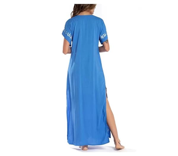 Kvinder Broderi Kortærmet Bikini Badedragt Cover Up Side Split Strand Kaftan Kjole