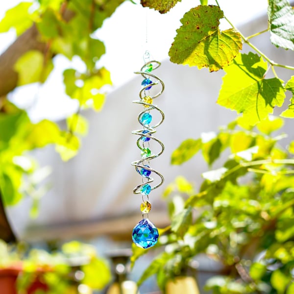 WJ12317.7inch Gazing Ball Spiral Tail, Dekorativ Vindmølle Solfanger, Regnbuemager Dobbelt-Spiral Med Havblå Krystal Kugle og C Blue Ball Drop Prism