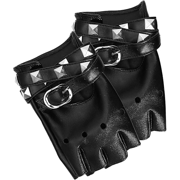 Fingerlösa konstläderhandskar - Svarta Biker Punk-handskar med bältesstängning och nitar för kvinnor och barn