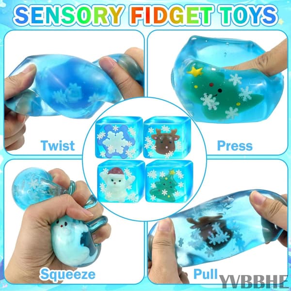 4 STK Blå Squeeze Cube med lysende julemotiv indeni, Squishy Glow-in-Dark Maltose Sensorisk Fidget Legetøj, Stresslindrende Gummy B 4pcs