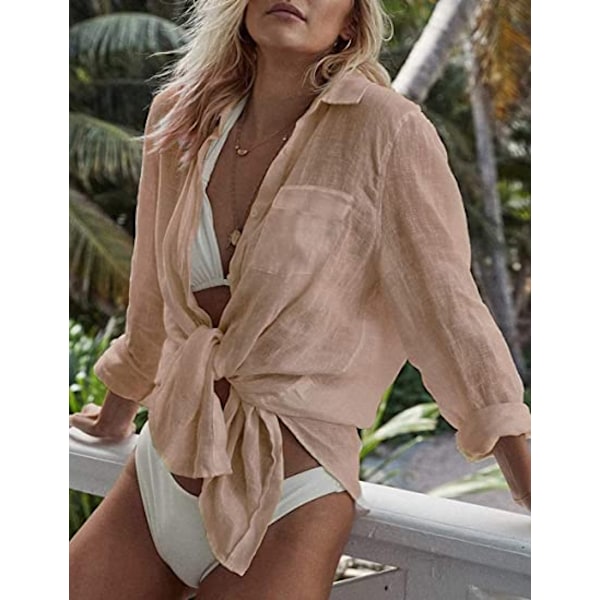 Kvinde Langærmet Strandskjorte Bluser Nedfoldet Krave Badetøj Cover Ups, G-apricot