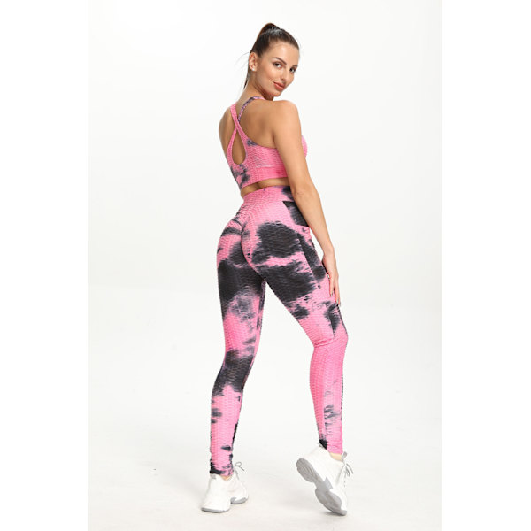Leggings til kvinder, der løfter numsen, høje talje, mavekontrol, træningsyoga-bukser, ferskenfarvede sportsleggings til piger M (sort pulverfarvet tie dye)