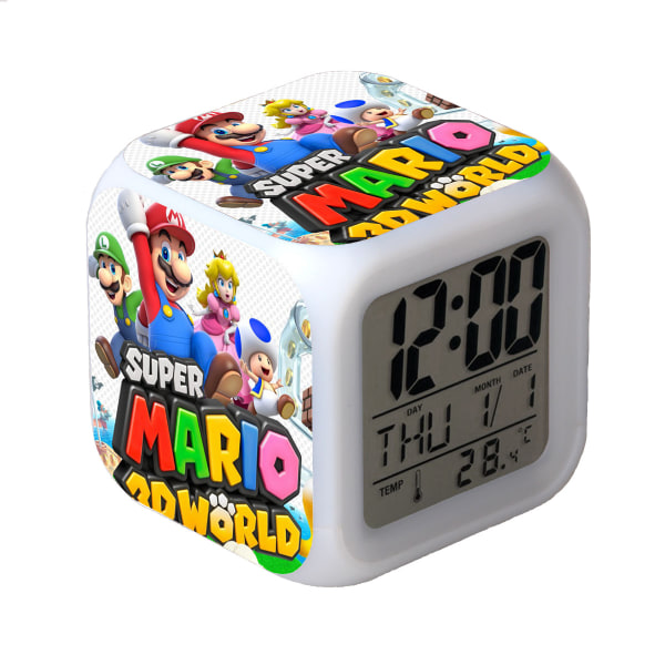 R-timer Super Mario Bros 7-färgad digital väckarklocka med tid, temperatur, alarm, datum