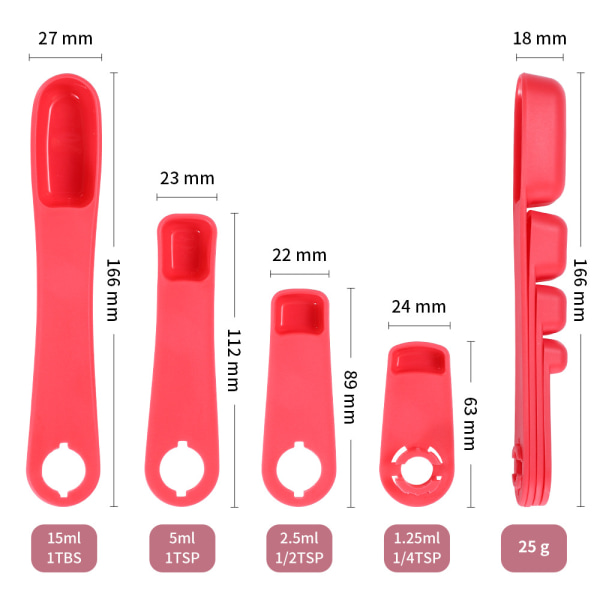 Köksmätskedar Professionella plastmåttskedar med kaffeskedar, set med 4 för att mäta flytande och torra ingredienser (röd)