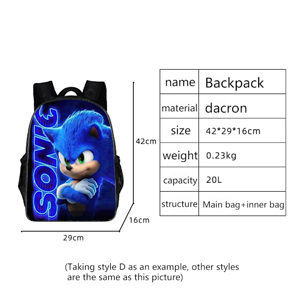 SONIC reppu Sonic alakoulu reppu 3-osainen anime piirretty reppu olkalaukku kynäpussi Style S three-piece
