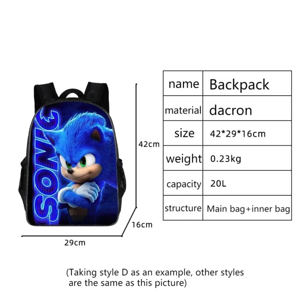 SONIC ryggsekk Sonic barneskole ryggsekk 3-delt anime tegneserie ryggsekk skulderpose pennpose Style 1 three-piece