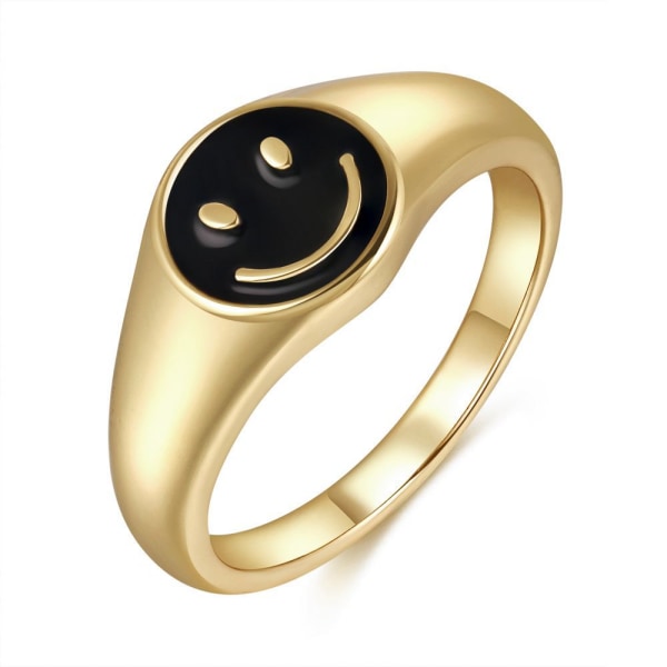 Guld Smiley Face Ring Signet, Vintage Golden Gifts Smycken, Estetisk Söta Smile Statement Ringar för kvinnor tjejer, svart, storlek: 6