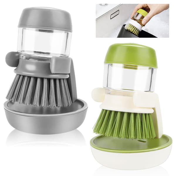 2-pack multifunktionell köksdiskborste med diskmedelsdispenser och bas, diskborste för effektiv rengöring av kastruller, disk