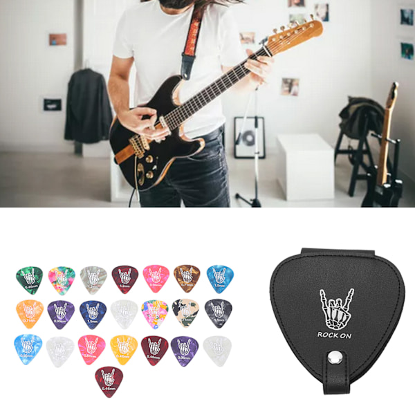 Guitar Pick Taske Stor Kapacitet Ridsefast PU Læder Fine Syninger 22stk Guitar Pick Holder Etui med 22stk Picks