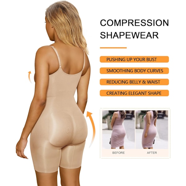 Shapewear Body til kvinder - Tummy Control Body Shaper - Sømløs skulptur - Snatched Waist Body Suit XXL Beige Mid Thigh