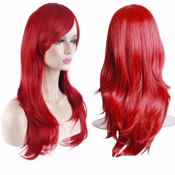 28" 70 cm modeperuker Långt vågigt lockigt hår Cosplay Peruk & Peruk Cap (röd)