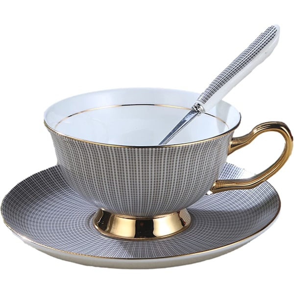 Kaffekop og underkop sæt - 6,7 oz Bone China tekopp med underkop og ske - Fancy kop til kontor, sofabord eftermiddagste (blå)