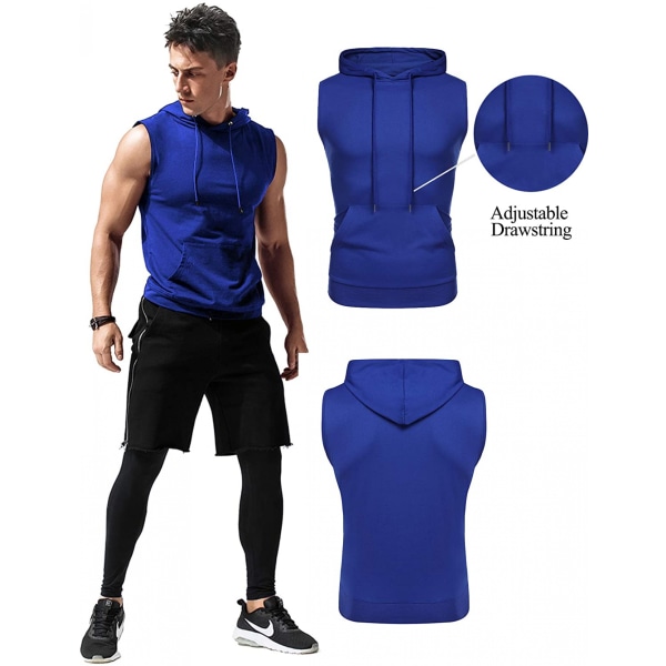 AVEKI Träningströjor med huv för män Ärmlösa gymhuvtröjor Bodybuilding Muscle Ärmlösa T-shirts, blå, M