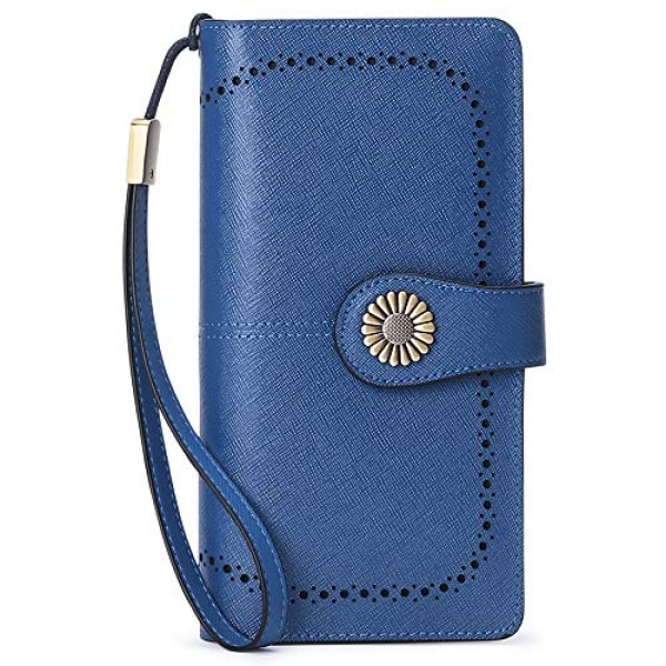 Plånböcker för kvinnor Kreditkortshållare i läder med RFID-blockerande armband med stor kapacitet, 4-Cross-Blue