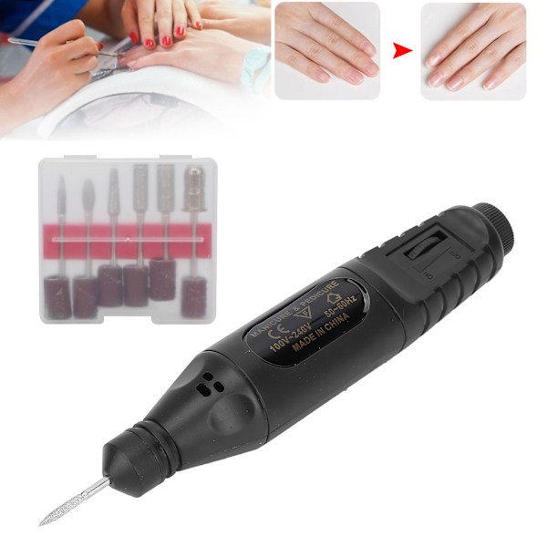 USB Elektrisk Nagelfräsmaskin Bärbar 6 Polerhuvuden Manikyr Poleringsverktygssats Svart