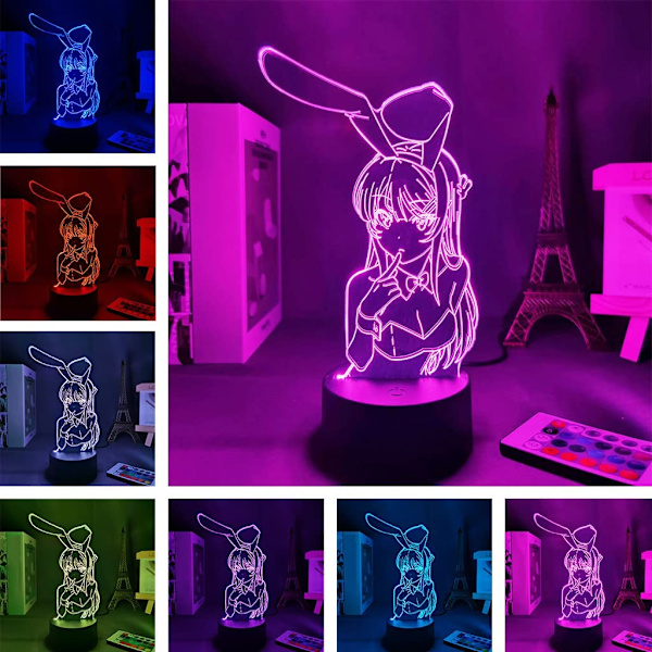 Bunny Girl Senpai Anime Lampe 16 Farver Fjernbetjening Konvertering Anime Lys Mai Sakurajima 3D Illusion Lampe til Børns Fødselsdagsgaver