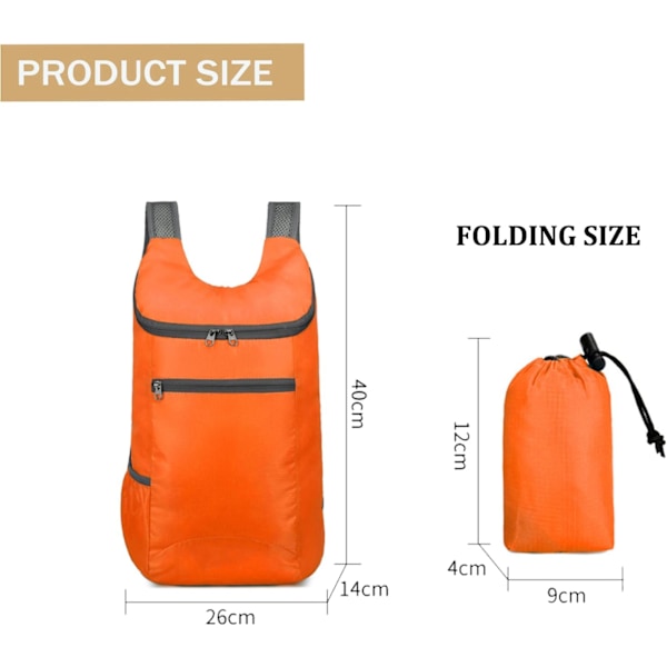 Vikbar Ryggsäck, 20L Lättviktig vattenavvisande Rese Vandringsryggsäck för Utomhussporter Camping Dagsryggsäck orange