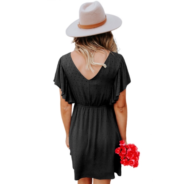 Volangklänning med V-ringad dam, Sommarsexig flytande gunga med prickiga korta fladdriga ärmar strandklänningar --- Svarta（Storlek XL）