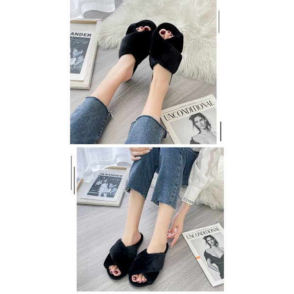 Dames Fuzzy Tofflor Cross Band Mjuka Plysch Mysiga Hushållsskor Päls Öppen Tå Inomhus eller Utomhus Slip on Varma Andas Anti-halk Sula