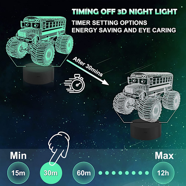 Qinwei Monster Trucks Nattlampa Busgo 3D Illusion Lamp  16 Färger Ändras med Fjärrkontroll Kreativa Födelsedagspresenter för Barn Pojkar Sovrumsdekor
