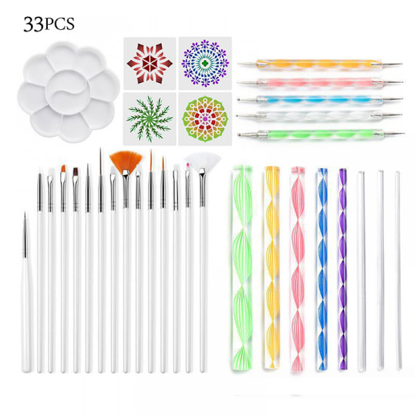 33-delad Mandala prickverktygssats för målning av stenar, prickverktygssats för målning av stenar, Mandala-stenciler, akrylstav, prickborrverktyg, plus stencil