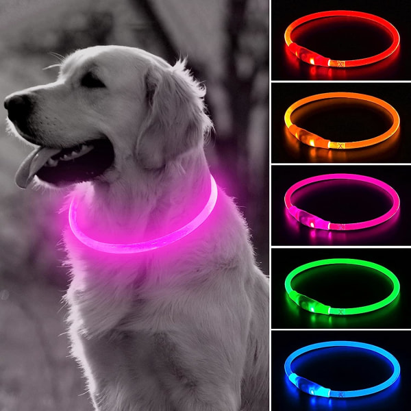 LED-hundhalsband med USB-laddning, lämplig för små och medelstora hundar (rosa, 70 cm)