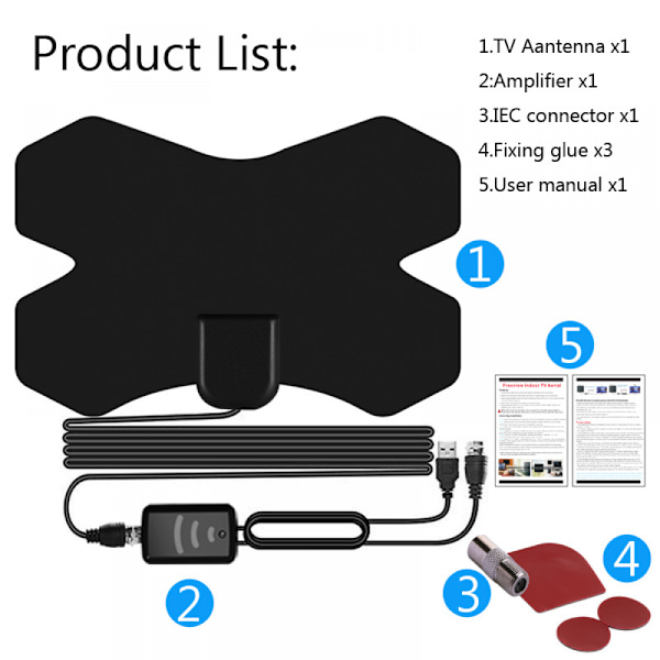 TV-antenne Digital HDTV-antenne Indendørs antenne HDTV-forstærker Super flad TV-antenne HD / 1080p Gratis kanaler