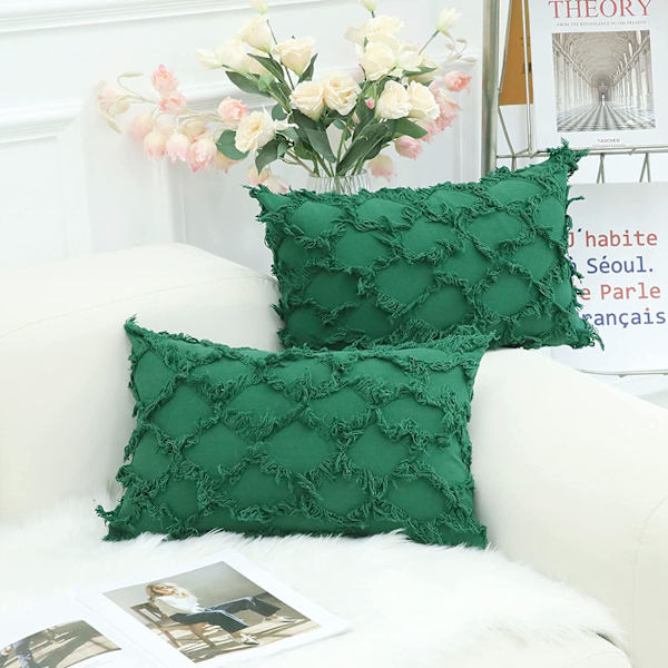 Forest Green Dekorativa Kuddfodral 12 x 20 Tum Pack med 2 Boho Dekorationskuddfodral för Soffa och Säng, 100 % Bomull