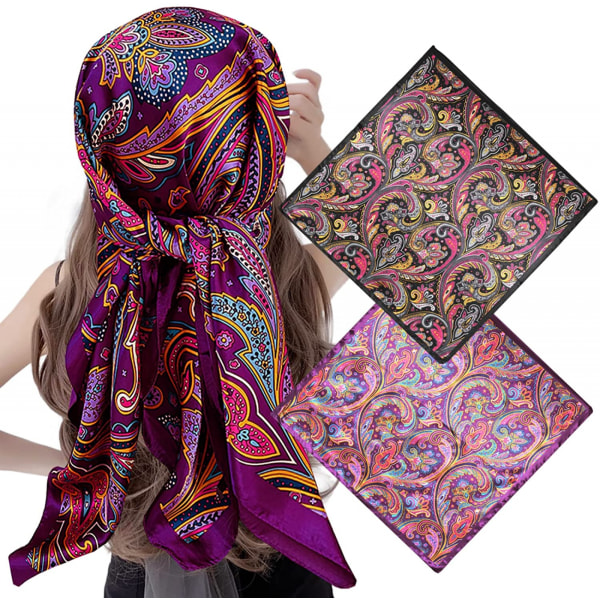 2-pack 35\" satinsilkesliknande hårscarf bandana lätta huvuddukar hals ansiktsdukar täckning för kvinnor, Paisley4 svart+lila