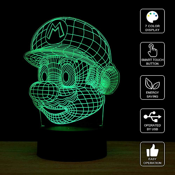 WJ 3D Illusion LED nattlampa, 7 färger gradvis ändring touch switch USB bordslampa för semestergåvor eller heminredning (Mario) Mario