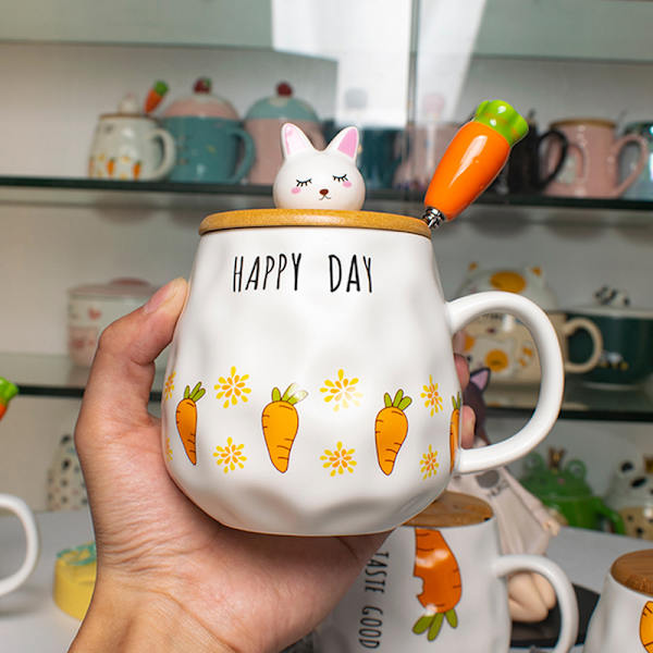 Kaninmugg med lock Sked 3D Söt keramisk kaffemjölkkopp Par set Födelsedagspresent Kvinnliga vänälskare (morots glad dag, 400 ml)