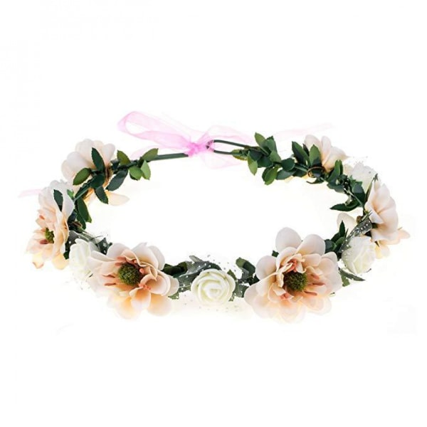 Flower Leave Crown Bridal Halo Headband with Adjustable Ribbon----Champagne