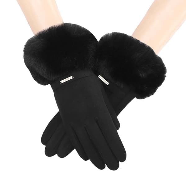 Søde kattehandsker til kvinder - Bløde ruskindsvinterhandsker, fleeceforede med kunstpelskant, termiske vanter til koldt vejr (sort) black