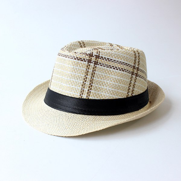 AVEKI Summer Straw Fedora Hat Kortbrättad Panama Solhatt Trilby Beach Hat för Herr & Dam, Randig Beige M