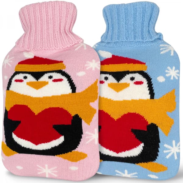 2-pack 1L Stora Varmvattenflaskor i Gummi med Bedårande Pingvin - Mönstrade Överdrag - Perfekt för Smärtlindring, Kramper och Varm/Kall Terapi Penguin