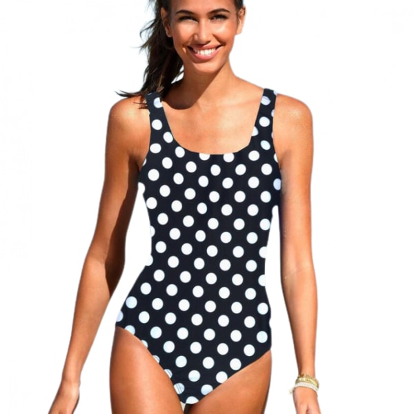 Womens Color Block Print One Piece Swimsuits Athletic Training Swimwear Bathing Suits --- Black Polka Dots （Størrelse XL）